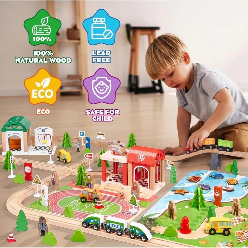TikTiles 175pcs Wooden Train Track Set STEM Toy Natural Wood Railway Kids